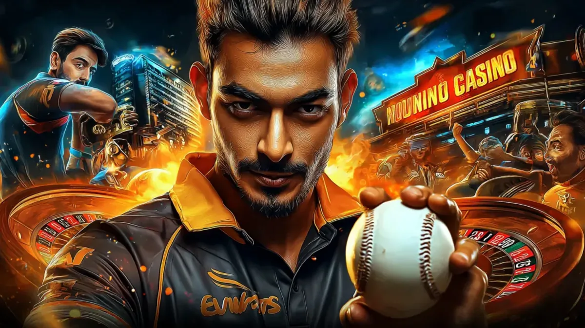 একজন তীব্র Cricket খেলোয়াড় একটি ক্রিকেট বল ধরে আছেন, যেখানে একটি স্পোর্টস স্টেডিয়াম ও জীবন্ত neon আলোয় জ্বলন্ত পরিবেশকে সমন্বিত করে একটি জটিল চিত্র তৈরি হয়েছে—a777bd গেমিং প্ল্যাটফর্মটির প্রাণবন্ত অনুভূতি তুলে ধরে।