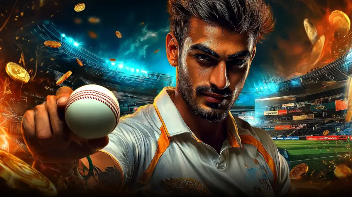 একজন মনোযোগী ও তীব্র মুখাবয়বের পুরুষ ক্রিকেট খেলোয়াড় ভিড়ভরা স্টেডিয়ামে ক্রিকেট বল উঁচিয়ে ধরেছেন; a777bd-এ ক্রিকেট গেমিংয়ের উত্তেজনাপূর্ণ জগৎ প্রচার করছেন। স্বর্ণালী কয়েন ও আগুন-প্রভাব এতে ড্রামা যোগ করেছে।